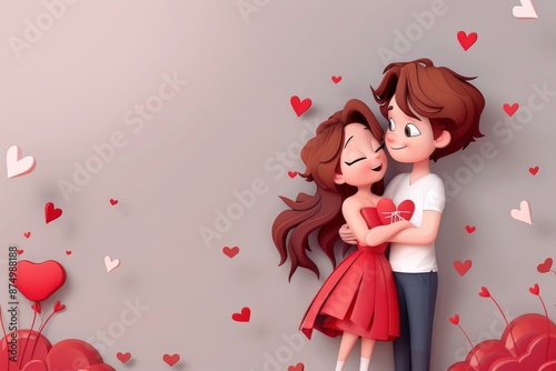 Cute cartoon couple hugging with hearts, love and affection, vector art photo