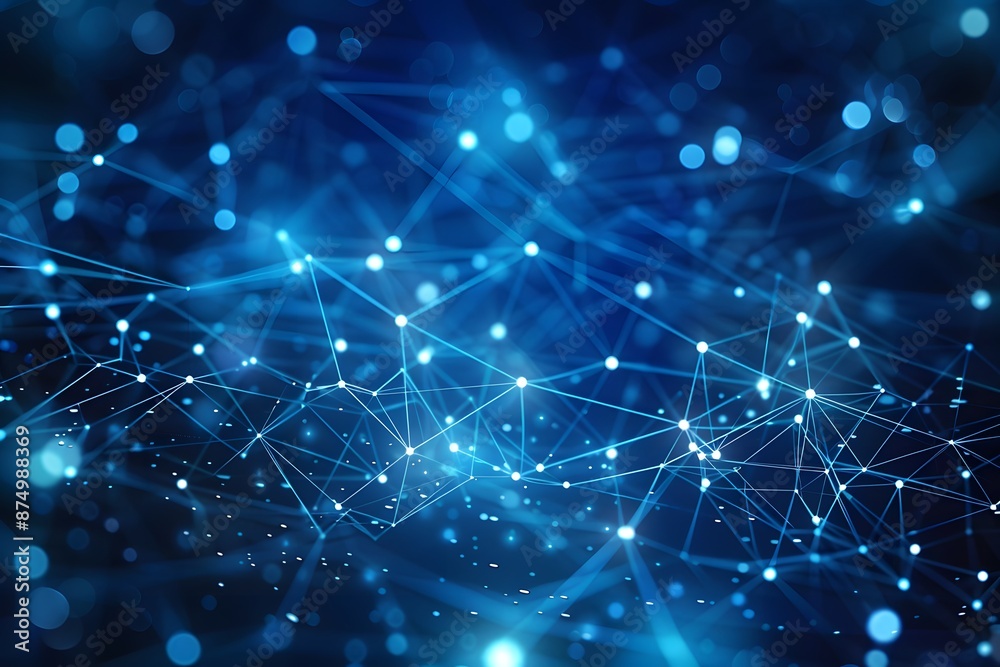 Abstract blue technology background with a cyber network grid and connected particles. Artificial neurons, global data connections Abstract blue technology background with a cyber network grid and connected particles. Artificial neurons, global data connections