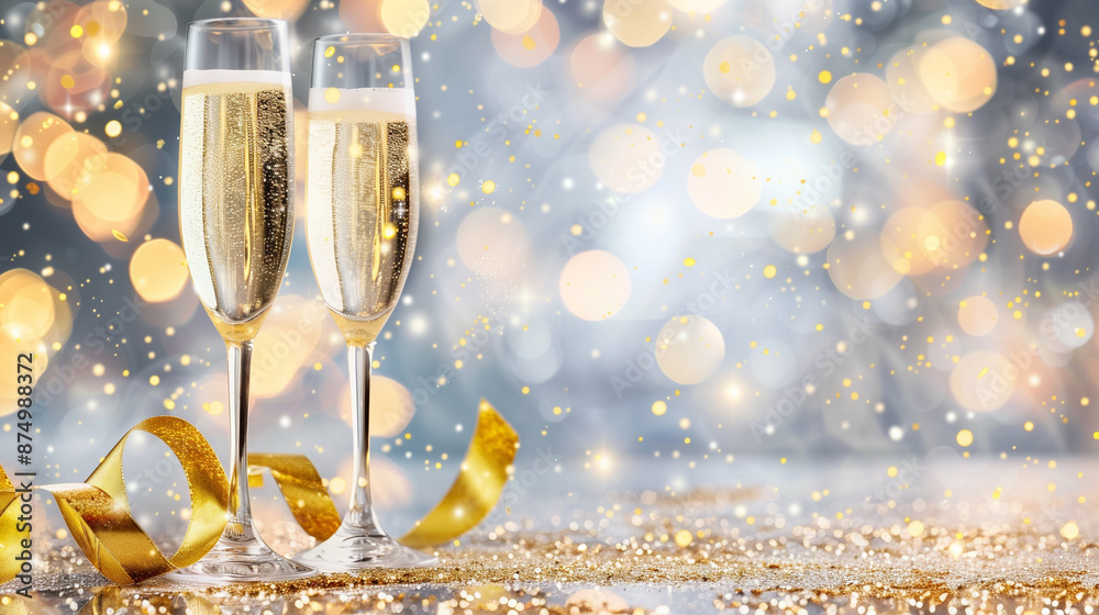 Luxurious Champagne Celebration with Sparkling Golden Bokeh Background. Elegant Holiday Festive Scene with Golden Bubbles and Ribbon Decoration Luxurious Champagne Celebration with Sparkling Golden Bokeh Background. Elegant Holiday Festive Scene with Golden Bubbles and Ribbon Decoration