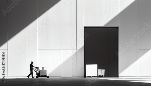 A lone worker pushes a hand truck full of boxes through a large, empty warehouse.