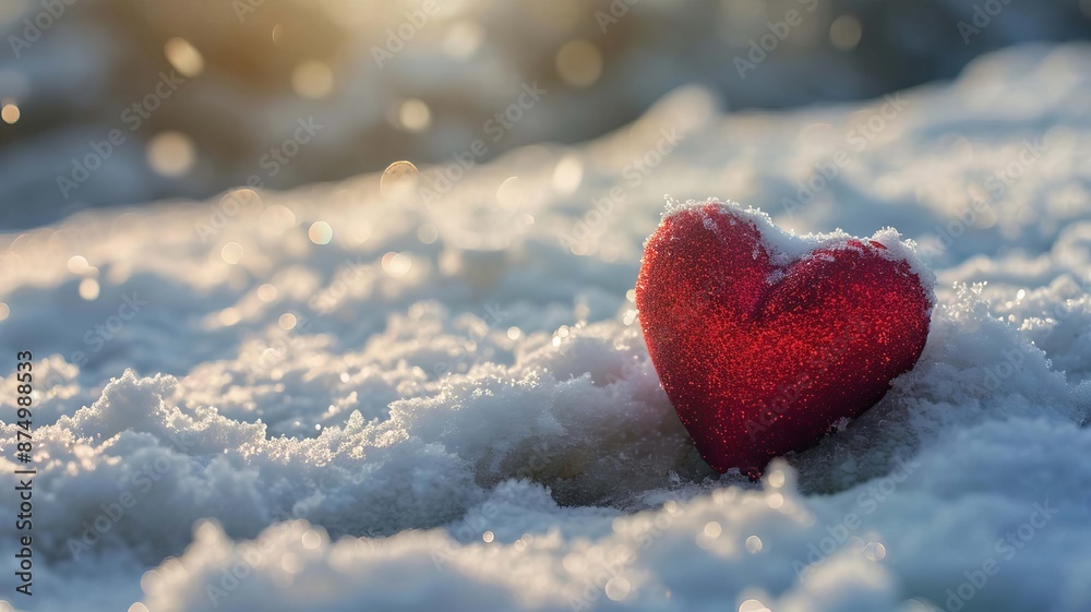 Obraz premium A small red heart lies on the snow. selective focus. Generative AI,