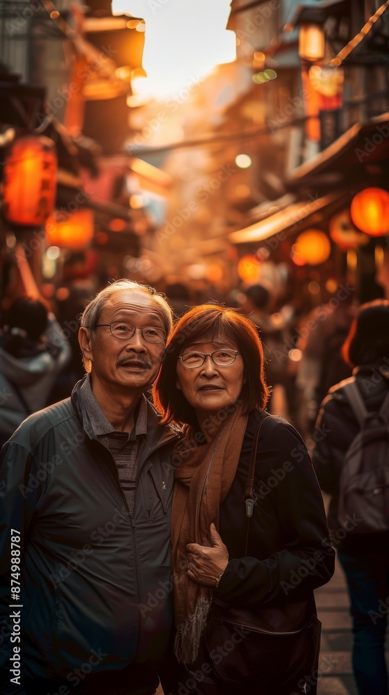 Asian retired couple traveling in a historic city at sunset Asian retired couple traveling in a historic city at sunset