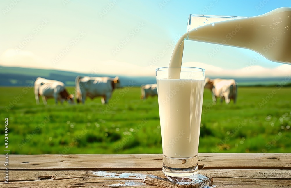 Milk pouring in a glass with cows in the background Milk pouring in a glass with cows in the background