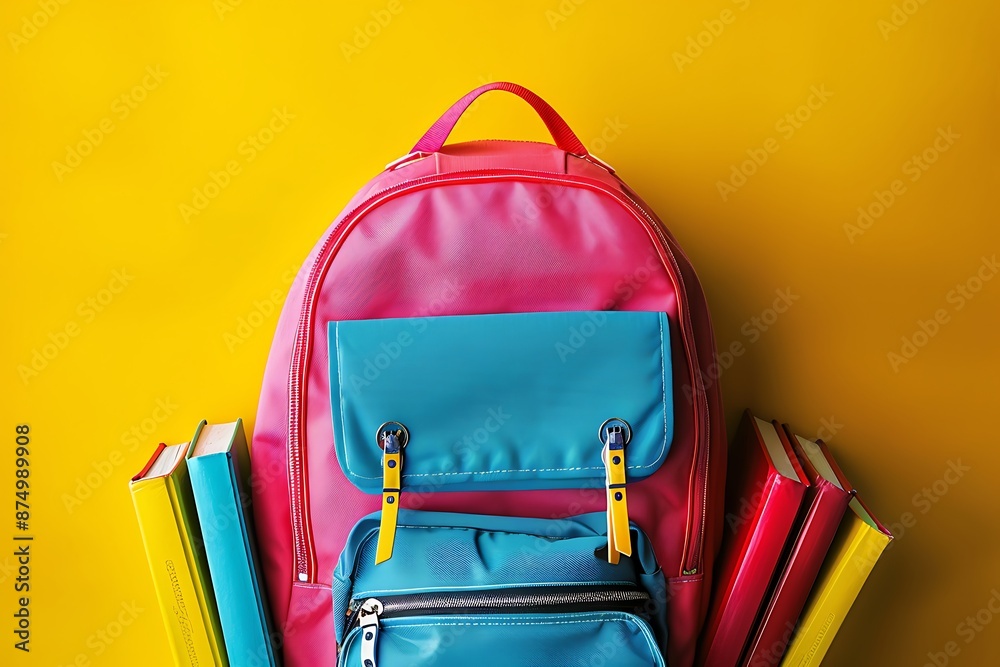 Colorful school backpack and books isolated on yellow, detailed and vibrant, back to school.