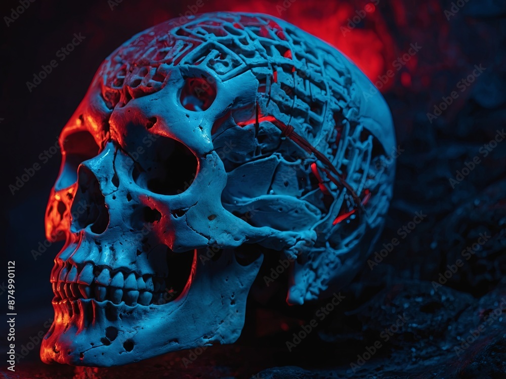 Ancient human skull head close-up Neon blue and red light Spooky and sinister Glamour, disco, halloween concept. Ancient human skull head close-up Neon blue and red light Spooky and sinister Glamour, disco, halloween concept.