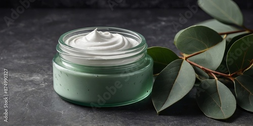 Jar of natural moisturizer cream with eucalyptus leaves on stone background Flat lay, top view, copy space Natural organic product, beauty and spa concept. photo