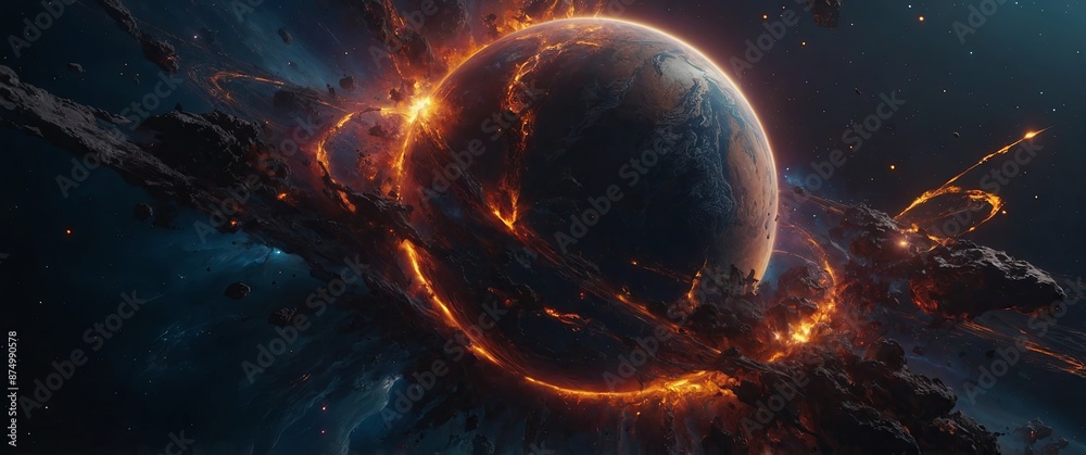 Obraz premium Delve into the depths of space and witness the mesmerizing beauty and chaos of a planet explosion, as fiery tendrils of energy dance across the void,.