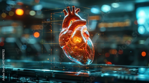 magazine photography style, 3D heart in a futuristic medical tec photo