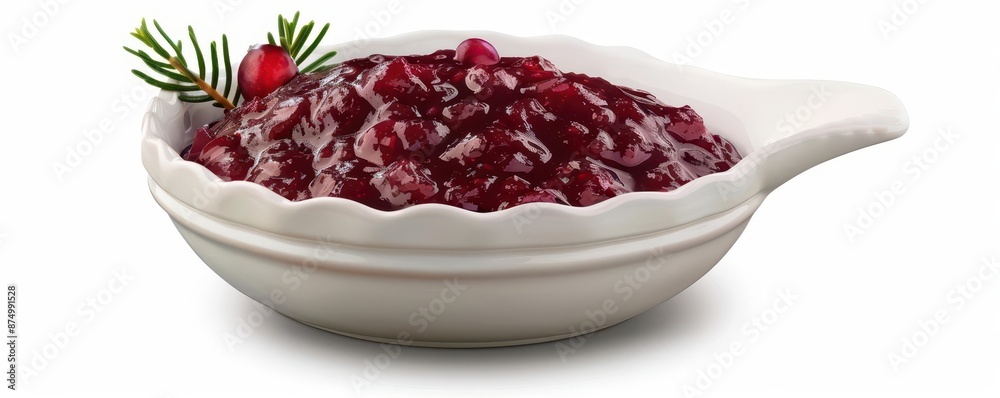 A cranberry sauce bowl, Thanksgiving condiment, photorealistic style, red hues, isolated on white background A cranberry sauce bowl, Thanksgiving condiment, photorealistic style, red hues, isolated on white background