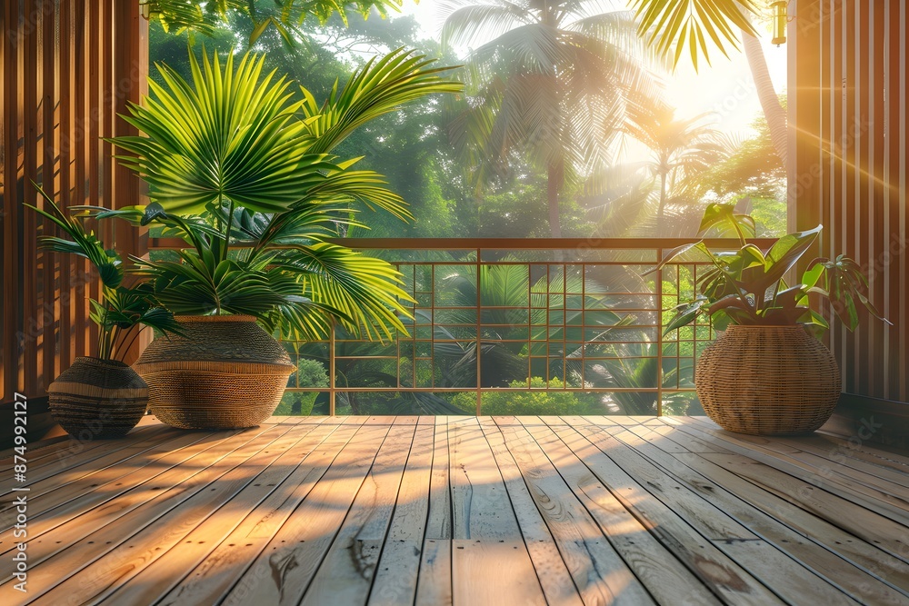 Serene Tropical Balcony with Lush Greenery and Sunlight Serene Tropical Balcony with Lush Greenery and Sunlight