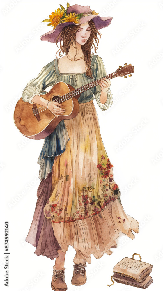 Fototapeta premium Bohemian Style Young Woman Playing Guitar Outdoors