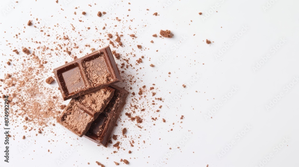 Chocolate wafer bar breaking apart with crumbs, white background, high shutter speed, front view, dynamic style Chocolate wafer bar breaking apart with crumbs, white background, high shutter speed, front view, dynamic style