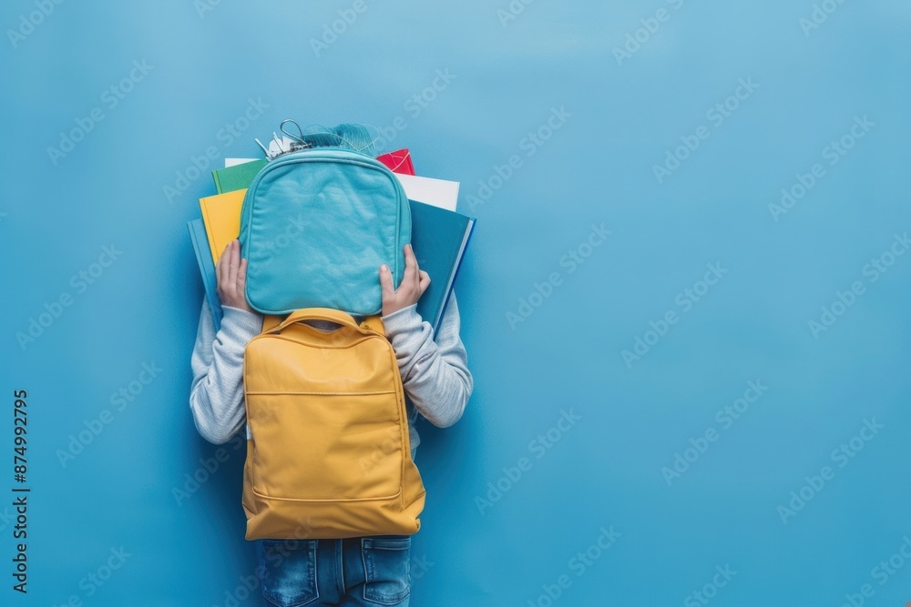 Student With Colorful Books and Backpack on Blue Background Student With Colorful Books and Backpack on Blue Background