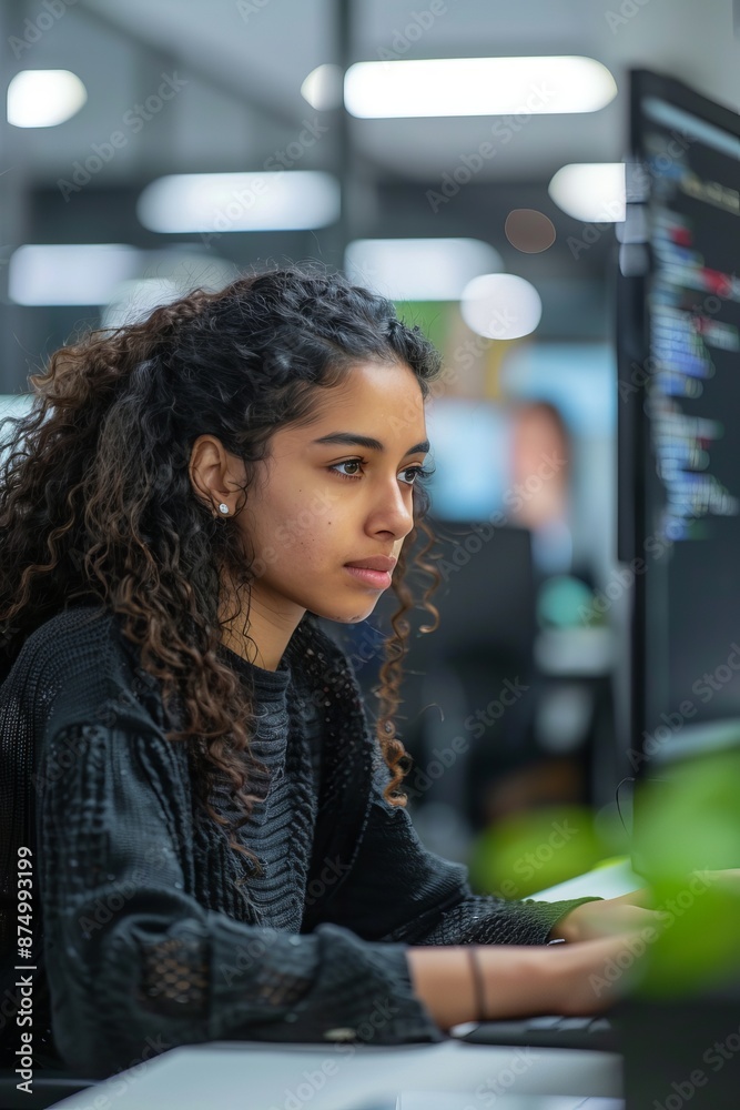 Software engineer, A skilled woman coding at her desk, Modern tech office background, woman, Software engineer, A skilled woman coding at her desk, Modern tech office background, woman,