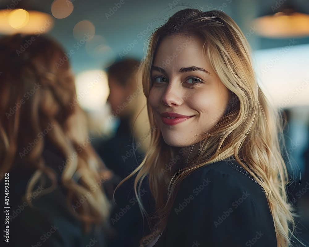 Fototapeta premium Confident Businesswoman Networking and Engaging in Conversation at Corporate Event