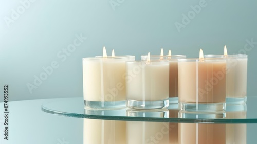 A collection of artisanal candles presented on a mirrored surface