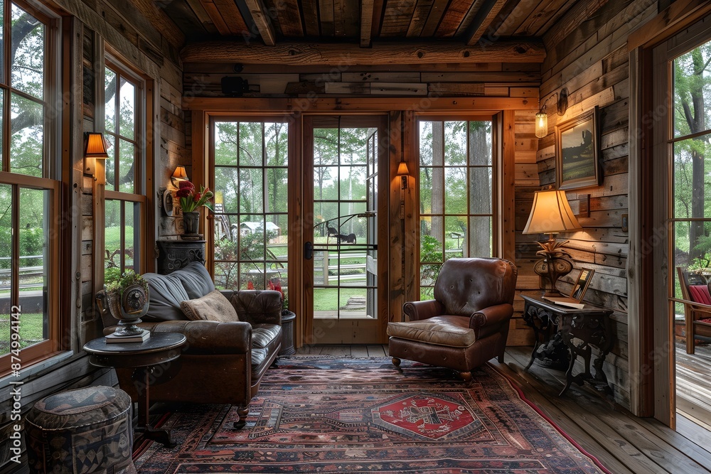 Cozy Rustic Living Room with Leather Furniture and Large Windows Overlooking Nature Cozy Rustic Living Room with Leather Furniture and Large Windows Overlooking Nature