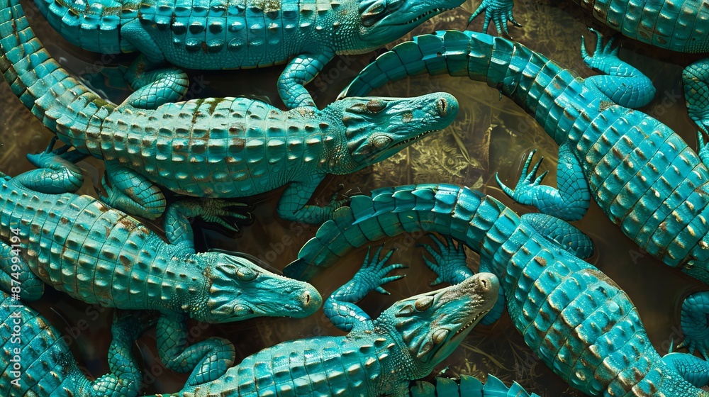 Obraz premium Rows of turquoise crocodiles form a unique pattern.