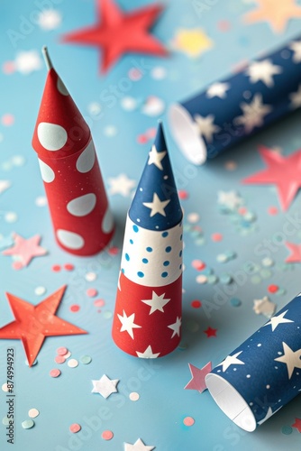 Festive Starry Themed Party Hats on Confetti Covered Blue Background photo