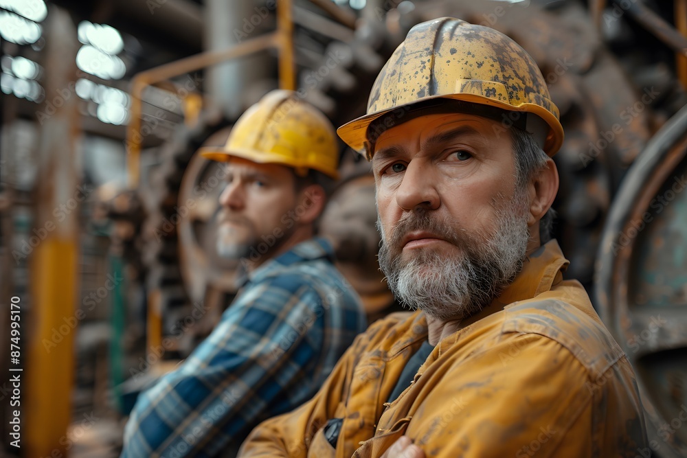 Determined Industrial Workers in Protective Gear at a Factory Determined Industrial Workers in Protective Gear at a Factory