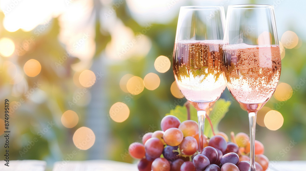 Sparkling Rose Wine with Grapes in Vibrant Vineyard Setting. Perfect for Wine Tasting and Celebrations Sparkling Rose Wine with Grapes in Vibrant Vineyard Setting. Perfect for Wine Tasting and Celebrations