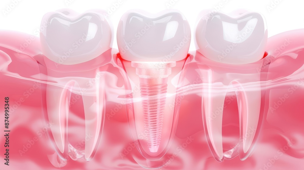Dental implant in gum crosssection view high detail bright lighting medical illustration Dental implant in gum crosssection view high detail bright lighting medical illustration