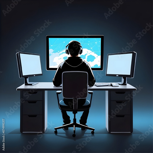 Gamer in the Zone: A solitary gamer, shrouded in shadow, sits before a triple-monitor setup in a dimly lit room, headphones on and eyes glued to the screen, showcasing the immersive world of gaming.