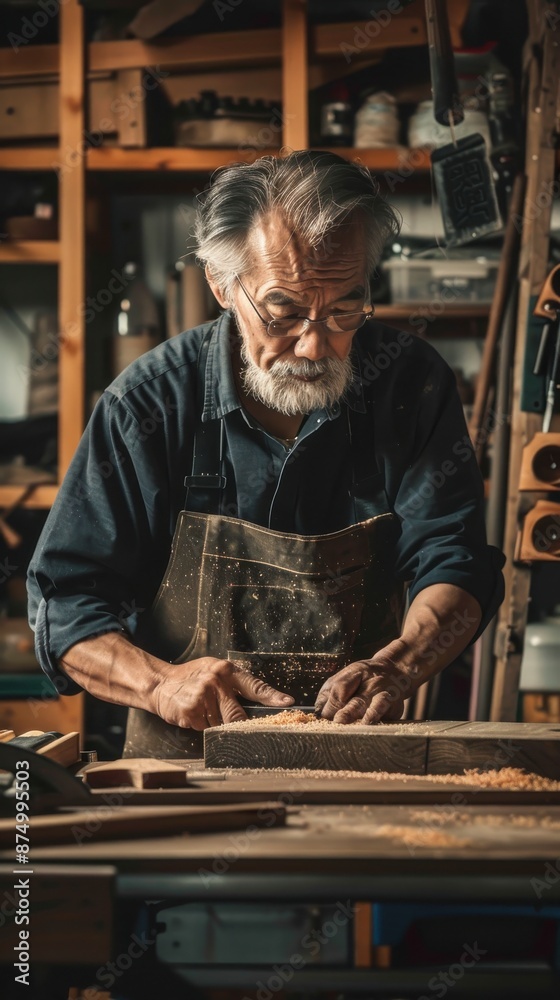 asian retired man working on a woodworking project in his garage asian retired man working on a woodworking project in his garage