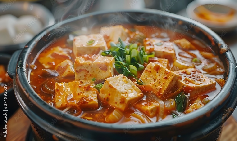 Korean Doenjang Jjigae with Tofu and Vegetables Cooked in a Clay Pot Generative AI