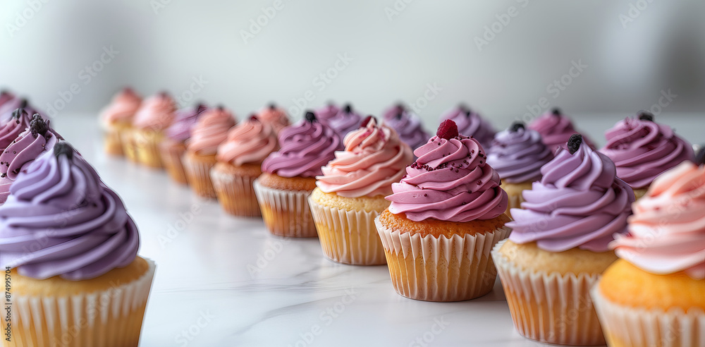 Minimalistic group of holiday cupcakes lined up in row with smooth frosting in light pastel colors