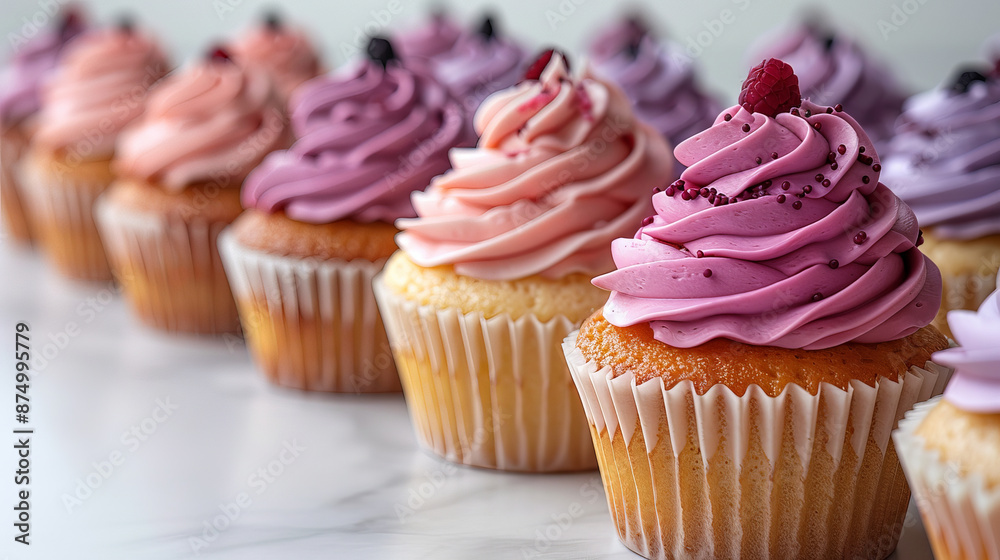 Minimalistic group of holiday cupcakes lined up in row with smooth frosting in light pastel colors Minimalistic group of holiday cupcakes lined up in row with smooth frosting in light pastel colors