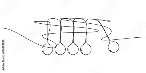 continuous one line drawing of newton's cradle. abstract line art illustration of swinging ball physics symbol.