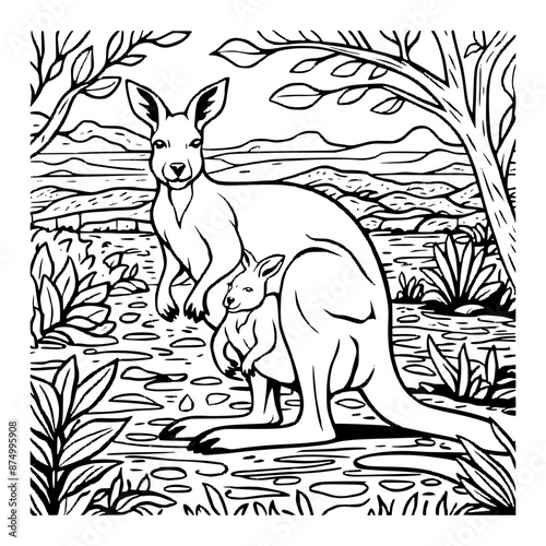 mother and baby kangaroo coloring page , illustration , sketching , coloring book ,australian kangaroo , outline drawing ,