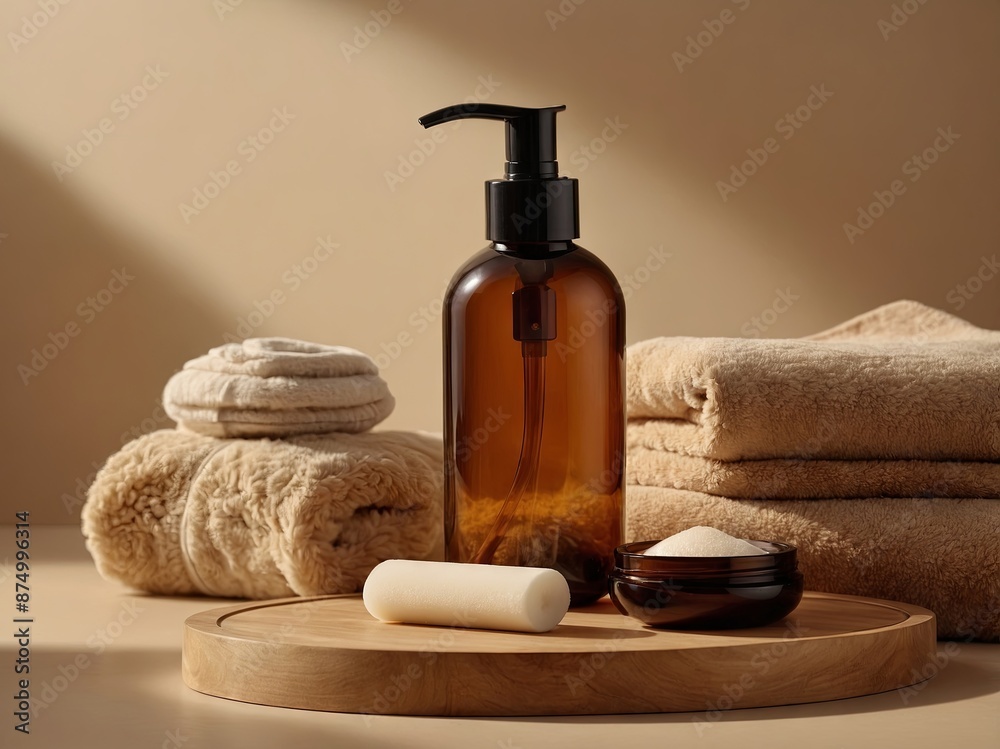 Amber glass shampoo bottle and bathroom accessories on table on beige background SPA natural organic beauty product design. Amber glass shampoo bottle and bathroom accessories on table on beige background SPA natural organic beauty product design.