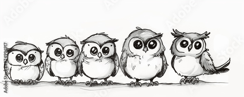 Wallpaper Mural Whimsical Hand-Drawn Owl Characters in a Row Sketch Torontodigital.ca