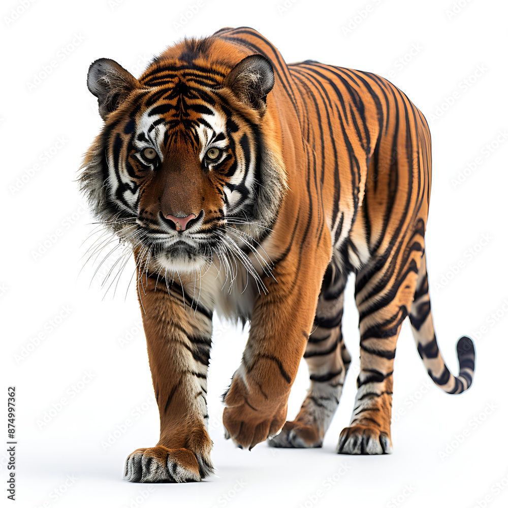 Fototapeta premium A tiger resting peacefully on a white background. 