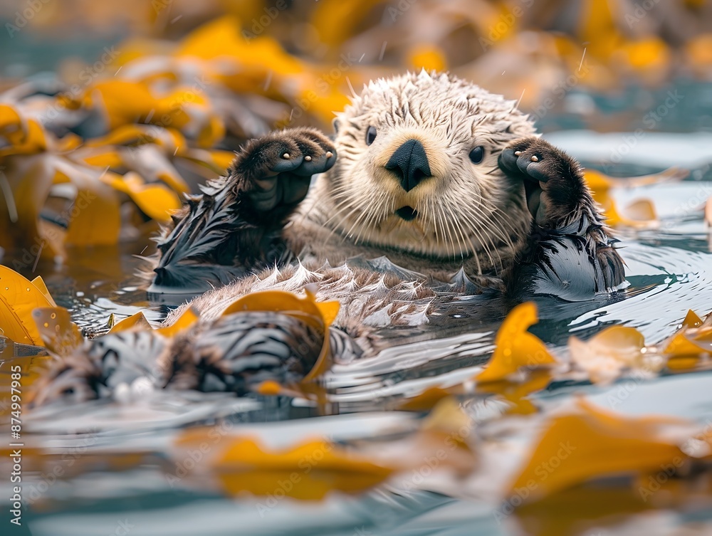 Curious Sea Otter Floating on Its Back in Kelp Forest Cracking Open a Shell Curious Sea Otter Floating on Its Back in Kelp Forest Cracking Open a Shell