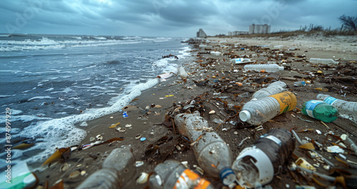 Polluted river with plastic waste along banks and in water. Protection preservation of environment