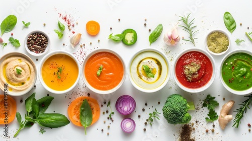 Set of various seasonal vegetable soups and organic ingredients on white background