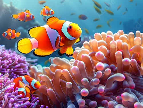 Vibrant Clownfish Family Thriving in Lively Coral Reef Underwater Scene