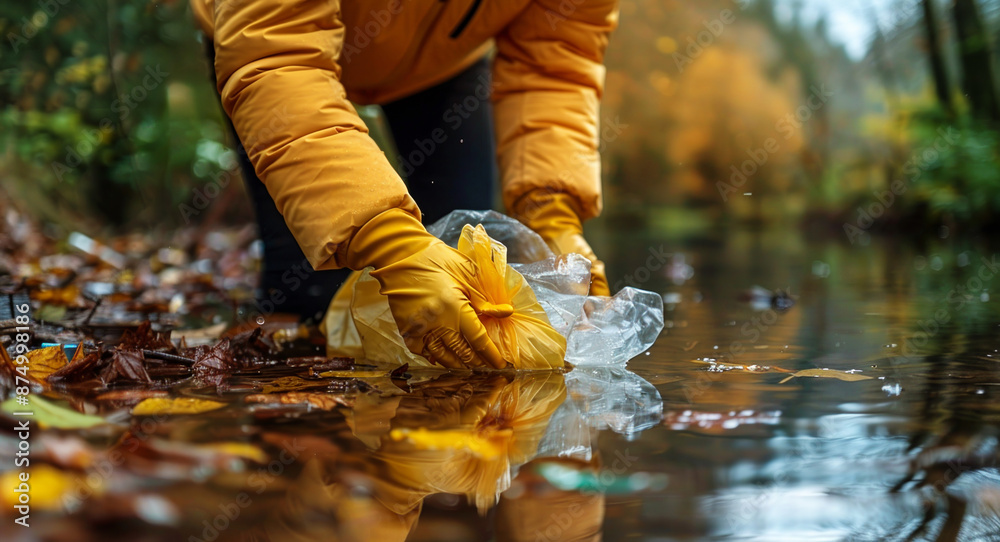 Person collecting plastic waste from lake, wearing protective gloves holding trash bag.