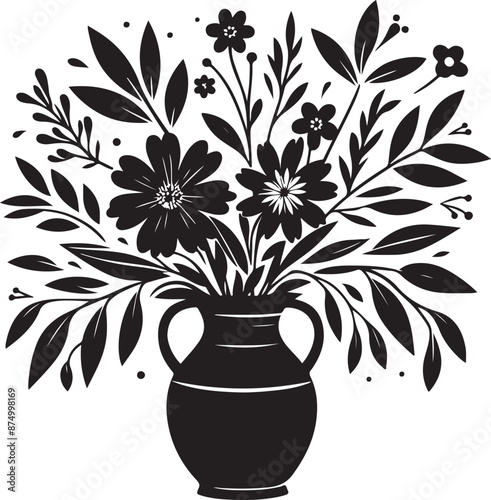 Flowers leaves in vase silhouette vector illustration Stock Vector, black color silhouette 29
