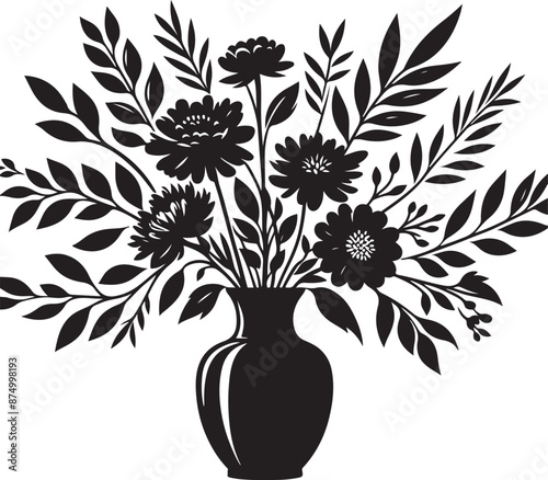 Flowers leaves in vase silhouette vector illustration Stock Vector, black color silhouette 30