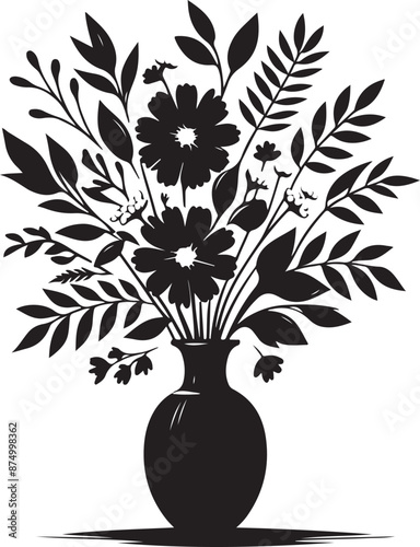 Flowers leaves in vase silhouette vector illustration Stock Vector, black color silhouette 41
