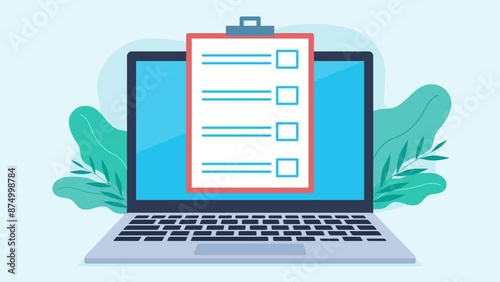 A notebook appears on the laptop screen. A checklist is drawn on the notebook. The checklist is then filled with positive responses. Animation in flat style.