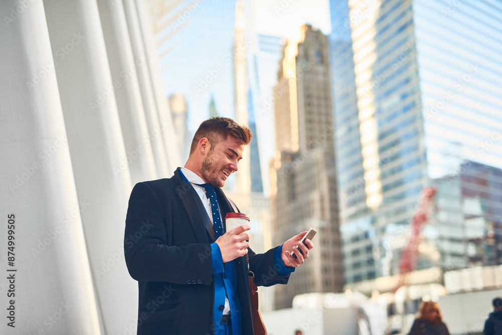 City, reading and businessman with mobile phone for chat, communication and networking. Urban, salesman and scroll with smartphone for news, multitasking and text message with contact with smile City, reading and businessman with mobile phone for chat, communication and networking. Urban, salesman and scroll with smartphone for news, multitasking and text message with contact with smile