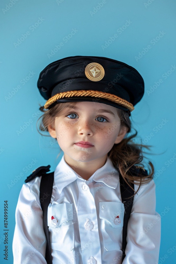 Little Girl in Pilot Uniform with Serious Expression Against Blue Background, Generative AI Little Girl in Pilot Uniform with Serious Expression Against Blue Background, Generative AI