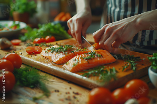 healthy diet concept, Cooking Process, An action shot of someone chopping fish for cooking. the freshness of the ingredients and the joy of cooking healthy meals photo