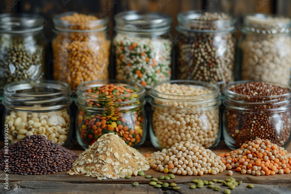 healthy diet concept, A collection of whole, unprocessed foods like whole grains (brown rice, oats), legumes (lentils, chickpeas), and nuts. Arrange them in bowls or mason jars on a rustic table healthy diet concept, A collection of whole, unprocessed foods like whole grains (brown rice, oats), legumes (lentils, chickpeas), and nuts. Arrange them in bowls or mason jars on a rustic table