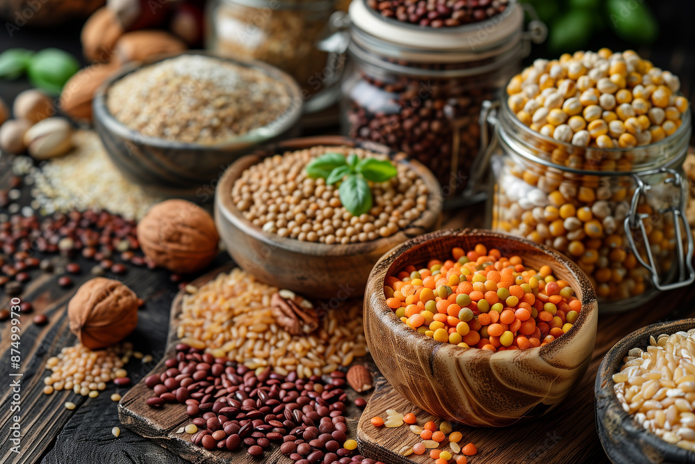 healthy diet concept, A collection of whole, unprocessed foods like whole grains (brown rice, oats), legumes (lentils, chickpeas), and nuts. Arrange them in bowls or mason jars on a rustic table healthy diet concept, A collection of whole, unprocessed foods like whole grains (brown rice, oats), legumes (lentils, chickpeas), and nuts. Arrange them in bowls or mason jars on a rustic table